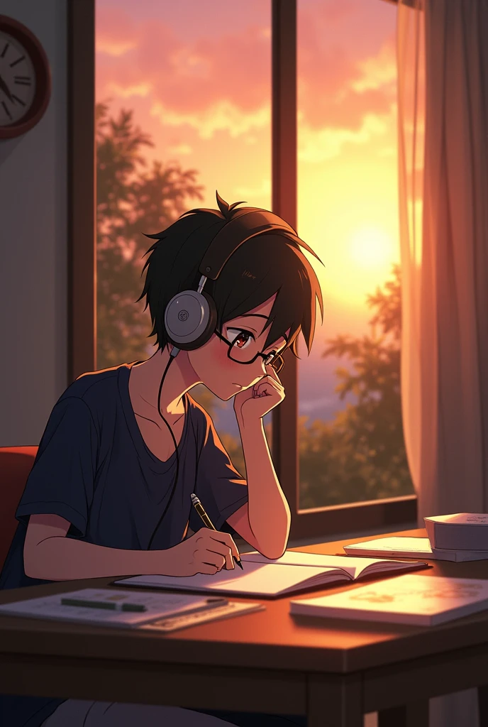 A anime boy study on table eith sunset and watch leacture on next topper and headphone and notebook and pen