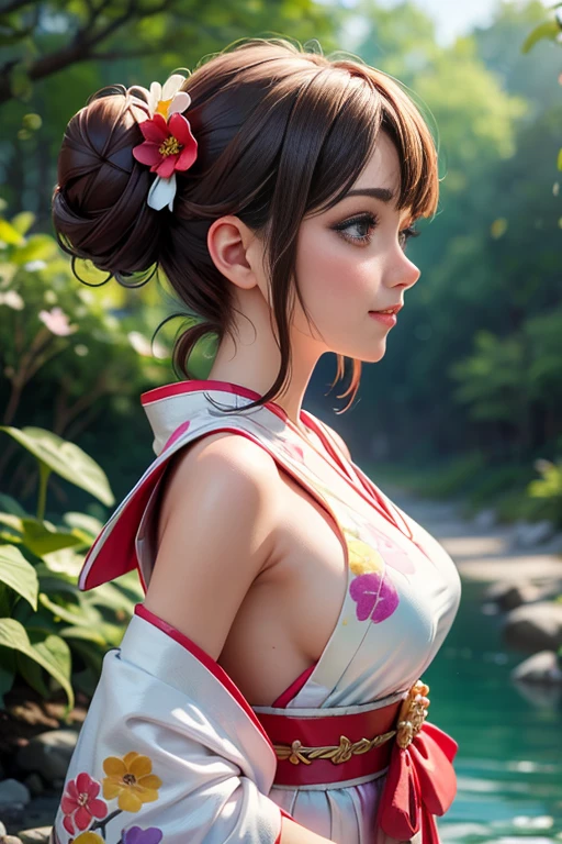 a beautiful woman wears an adorable Japan traditional dress flowers texture fabric , beautiful happy eyes, happy mood, medium brown bun hair decorated with flowers ribbons, side view, on wonderland moutain, animals around, rainbow clearing river background, glittering and bokeh effect, oil painting, realistic, 4K UHD resolutio(best quality, masterpiece), 1girl, intricate details.