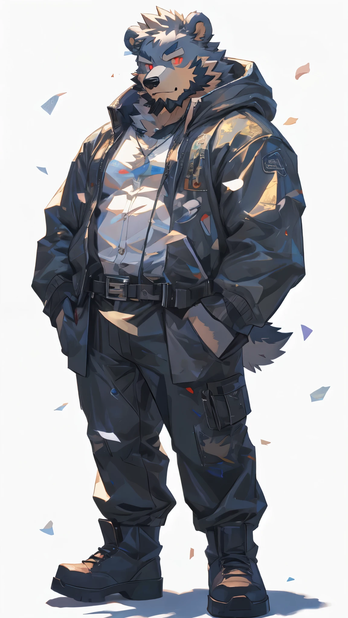 (masterpiece:1.2), Highest quality,Pixiv,Official Art,Perfect Anatomy, (Ray Tracing, Light),alone, (1_male:1.3) , (logic), (Grey fur:1.4), (logic bear), (beard:1.2), (Glowing red eyes), Bear&#39;s Tail, whole body, thick black eyebrows, Baseball cap, (Open Short Parka), (Naked inside),Ripped short jeans, Black short boots, (Pure white background: 1.3)