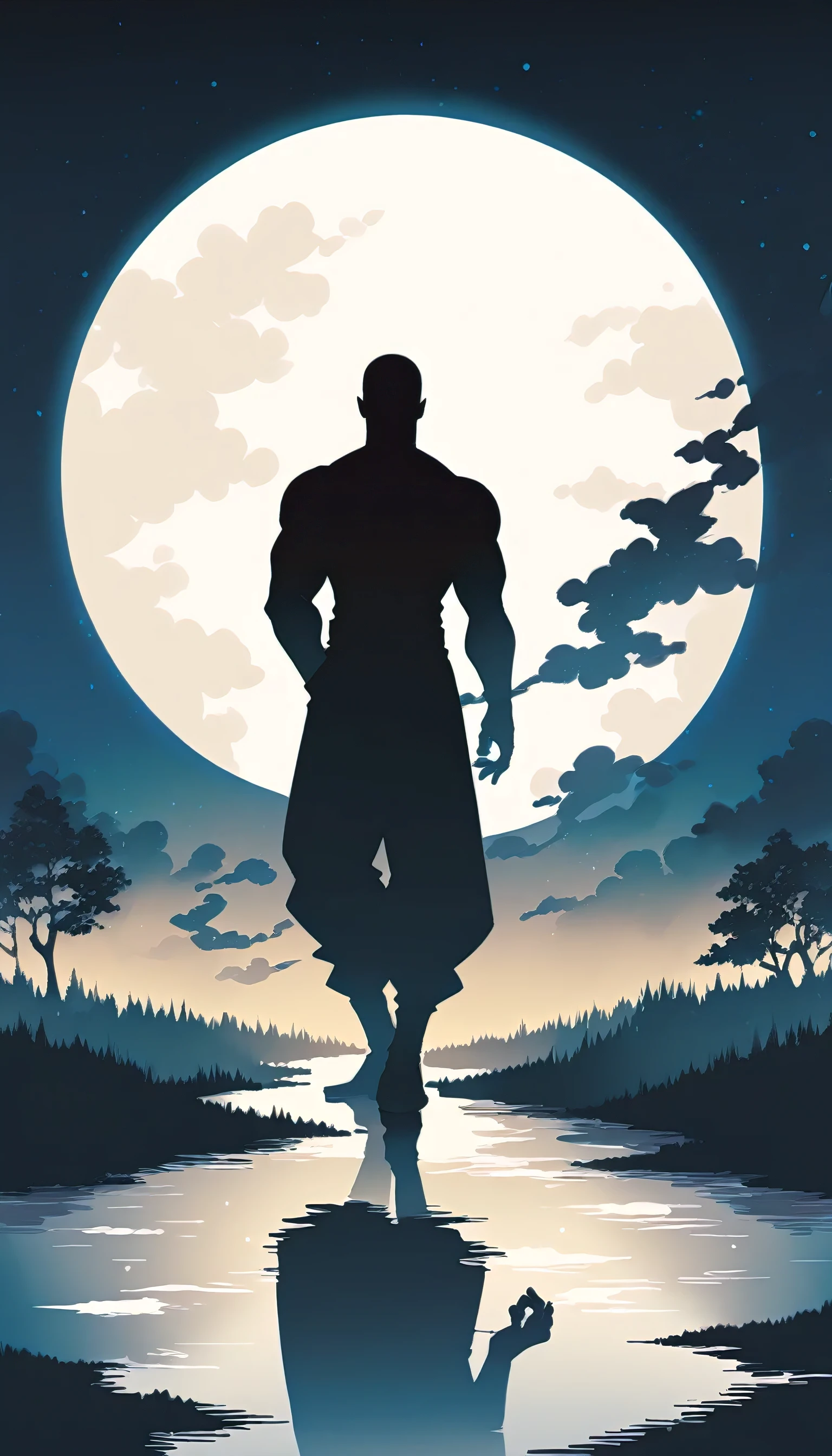 A Strong Buddhist muscular man stands in the smoke, Black jumpsuit, Very tight, Silhouette effect, Tall muscular man, Priapus, Dark Black, Dark black skin, Buzz Cut, His muscles are very developed, Very tall, short hair, Blend into the smoke, Lake, Reflection, Stars, moonlight, Big Moon, Man silhouette, Chinese, black and white, Simple style