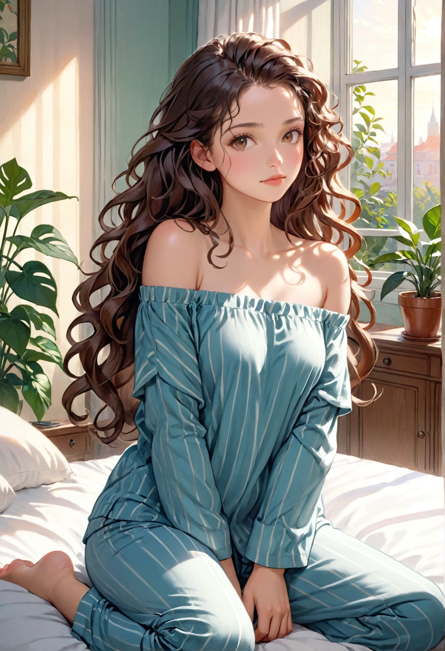 (photorealism:1.2), beautiful woman, sitting on bed, wearing loose off-shoulder top, pajama pants, long curly hair, indoors, soft lighting, plants in background, window with sunlight, cozy room, relaxed pose, realistic, intricate details, warm colors, by Greg Rutkowski, by Alphonse Mucha