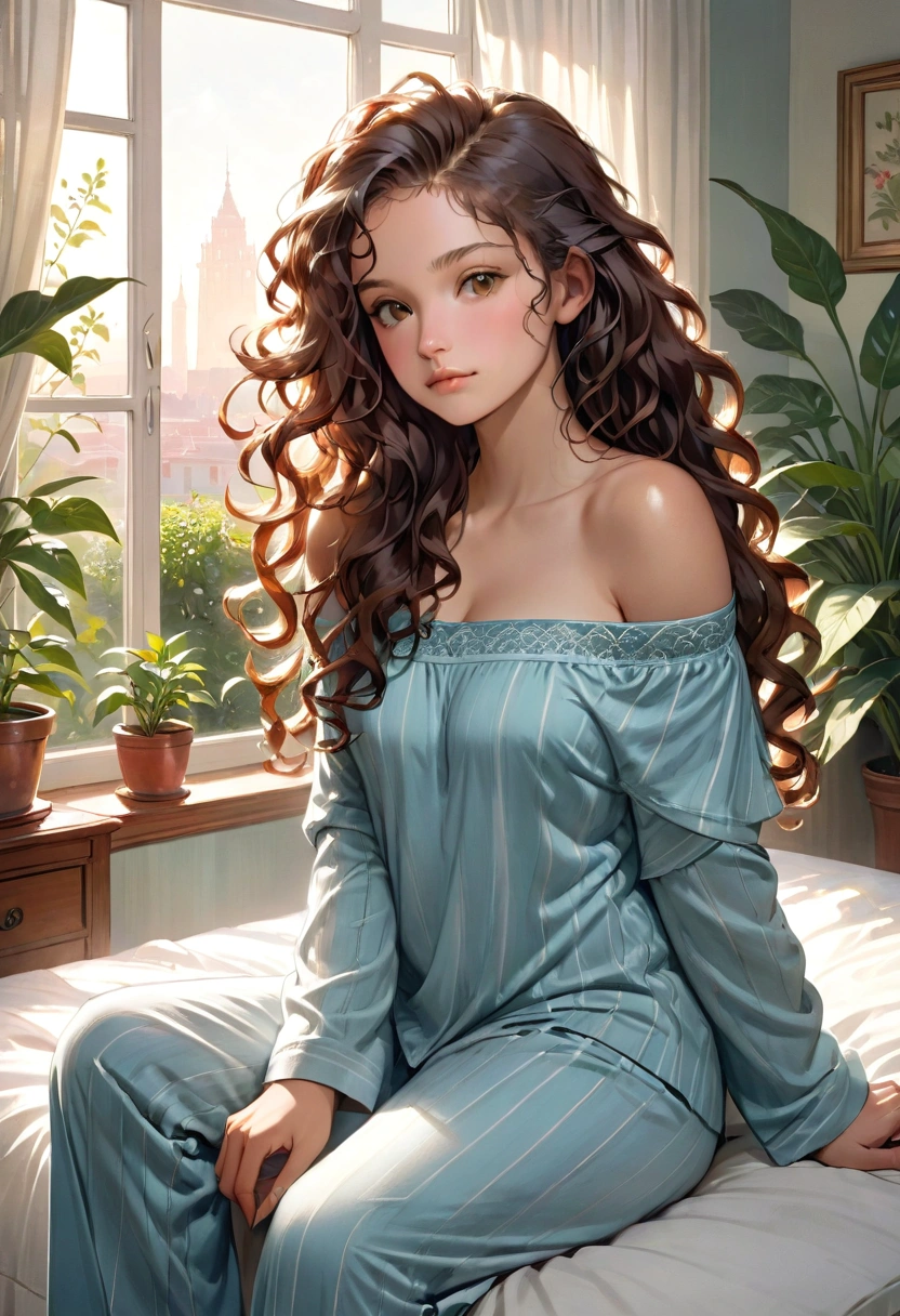 (photorealism:1.2), beautiful woman, sitting on bed, wearing loose off-shoulder top, pajama pants, long curly hair, indoors, soft lighting, plants in background, window with sunlight, cozy room, relaxed pose, realistic, intricate details, warm colors, by Greg Rutkowski, by Alphonse Mucha
