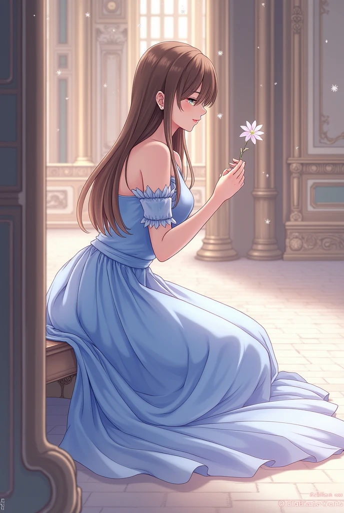 full body, (hair swept bangs:1.3), (long brown hair:1.3), a lady in a blue dress kneeling on a bench with a flower in her hand, palace ， a girl in hanfu, anime style, from girls frontline, fine details. girls frontline, girls frontline universe, girls frontline style, girls frontline, girls frontline cg, soft anime illustration, 2 0 2 2 anime style, 2022 anime style, pixiv contest winner, concept art 2022,
