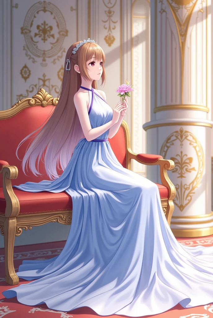 full body, (hair swept bangs:1.3), (long brown hair:1.3), a lady in a blue dress kneeling on a bench with a flower in her hand, palace , a girl in hanfu, anime style, from girls frontline, fine details. girls frontline, girls frontline universe, girls frontline style, girls frontline, girls frontline cg, soft anime illustration, 2 0 2 2 anime style, 2022 anime style, pixiv contest winner, concept art 2022,