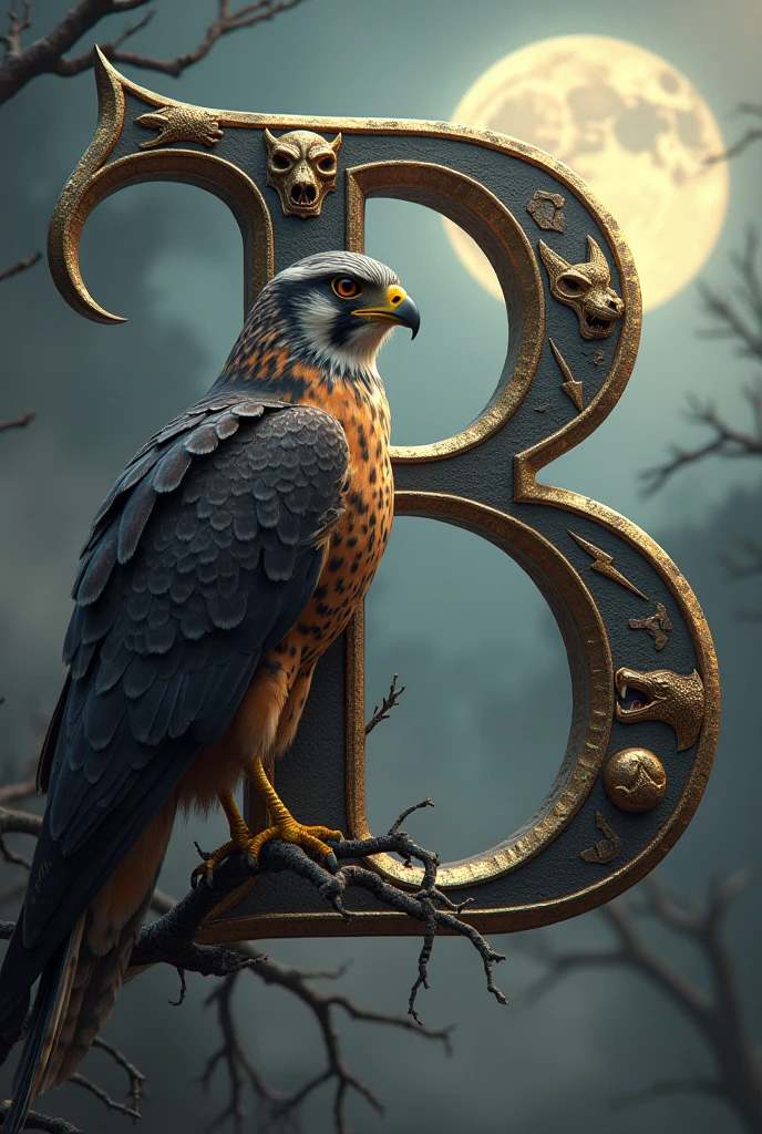 A large falcon with wings outstretched is perched on a branch. The falcon is wearing a collar. Beside the falcon, a large, ornate letter 'B' is prominently featured. The letter 'B' is adorned with intricate skulls, wolves, and lightning bolts. The background is filled with smoke and features a hellhound. There is a crescent moon in the background.