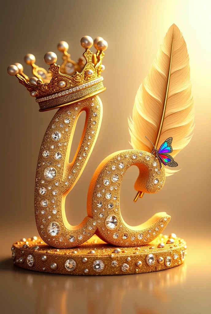 "Lc Cookie" written in large, ornate gold letters encrusted with diamonds. Above the text, there is a gold crown adorned with pearls, adding to the luxurious feel of the design. To the right of the crown, a large feather, likely a quill, extends elegantly, further enhancing the regal theme. The background is a soft gradient, creating a warm and glowing effect that highlights the gold and diamond details.with small colorful butterfly at side of name The overall aesthetic is one of luxury, royalty, and sophistication.
