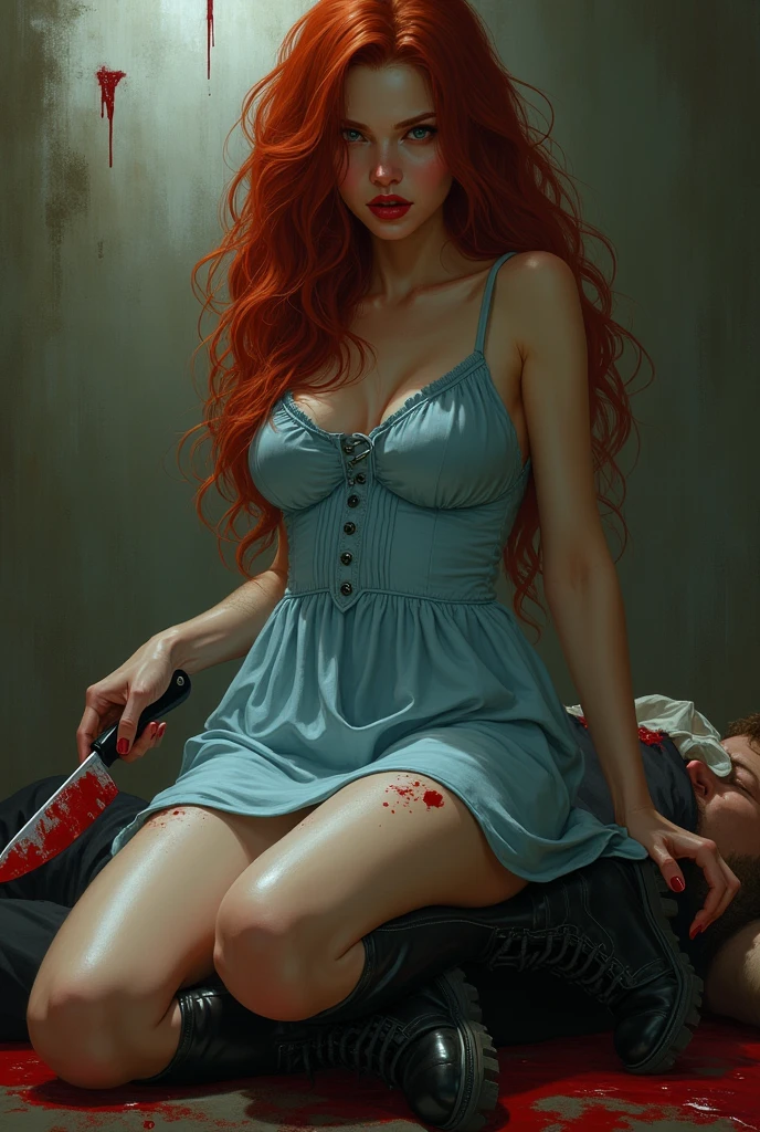 Seductive and Beautiful young woman with a soul of pure evil and hatred. Alluring red ponytailed serial killer wearing a light blue babydoll dress and black doc marten boots. Surrounded by blood and bodies. She sits alluringly on a pile of corpes. A bloody knife in her right hand. A thin smirk crosses her glossy red lips.