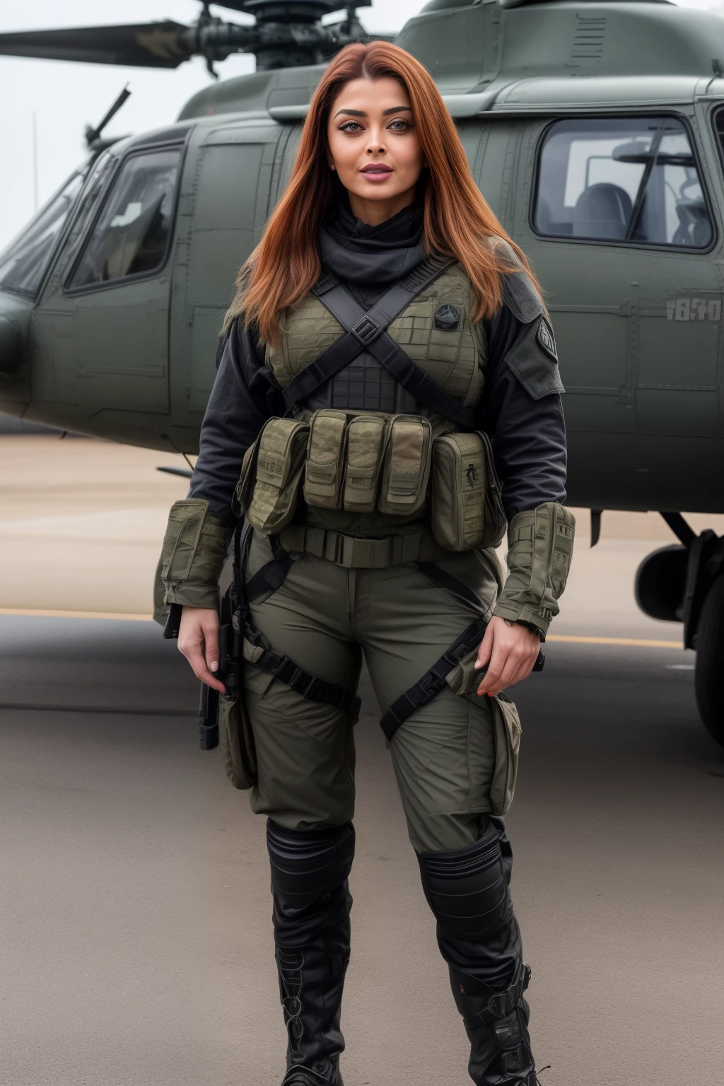 Full body photo of 50YO MATURE MILF AISHWARYA RAI as ATTRACTIVE ARMY MILF, BLACK ARMY GEAR, COMBAT BOOTS, COMBAT GLOVES, KNEEPADS, CAMO PLATE CARRIER RIG, intricate details, POSING next to army helicopter, ((MOCKING LAUGH)), GREEN HIGHLIGHTED HAIR, day scene, mature hourglass figure, look straight at camera, sexy 50 yo mature MILF, soft volumetric lights, intricate details, (ArtStation:1.2)