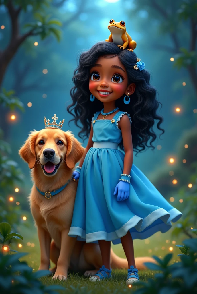 Girl with dark skin tone and black hair , dark eyes , Beautiful smile.with a golden retriever dog. Repesentavion pixar, light blue oversized dress ,spongy ,with a blue crown, blue gloves , in a forest with fireflies at night,with a toad on his head