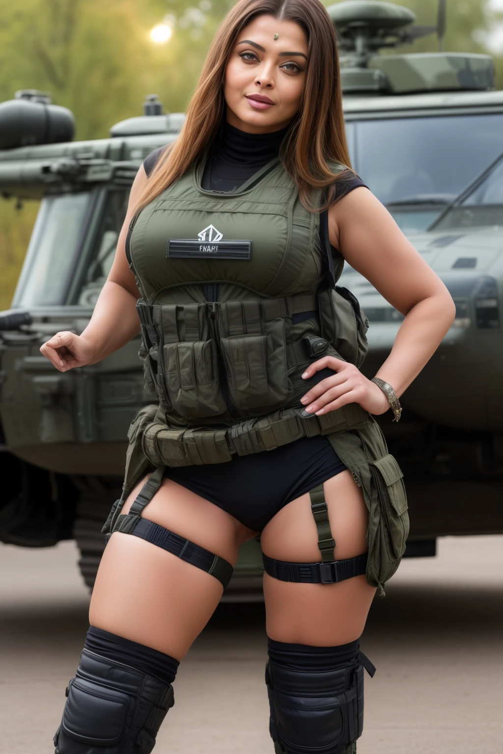 Full body photo of 50YO MATURE MILF AISHWARYA RAI as ATTRACTIVE ARMY MILF, BLACK ARMY GEAR, COMBAT BOOTS, COMBAT GLOVES, KNEEPADS, CAMO PLATE CARRIER RIG, intricate details, POSING next to army helicopter, ((MOCKING LAUGH)), GREEN HIGHLIGHTED HAIR, day scene, mature hourglass figure, look straight at camera, sexy 50 yo mature MILF, soft volumetric lights, intricate details, (ArtStation:1.2)
