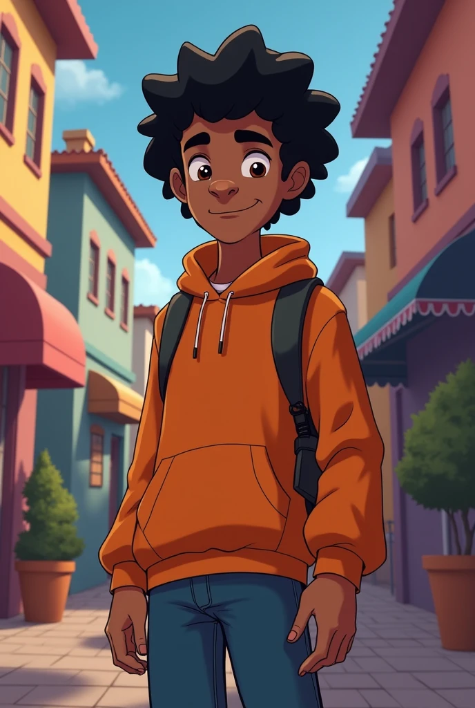 teenage male character, 2d style of the Scooby Doo series gang, brown skin and hair cut with a comb 0,3mm curly type 3a black