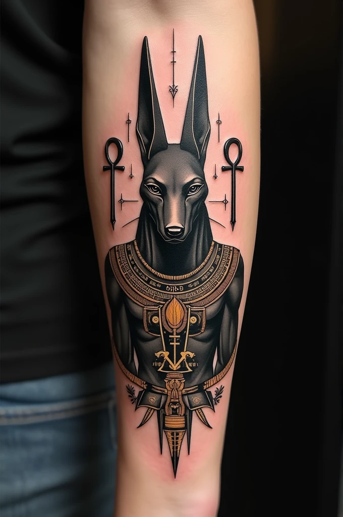 I need a sketch of a tattoo. The theme is the God Anubis and with symbols of protection and riches in addition to the symbol of immortality.. SOMETHING CATCHY , epic and with many details, shadows and particles. minimalist. Inspire respect and be in a position of provocation .
I want it for my forearm .
medium size