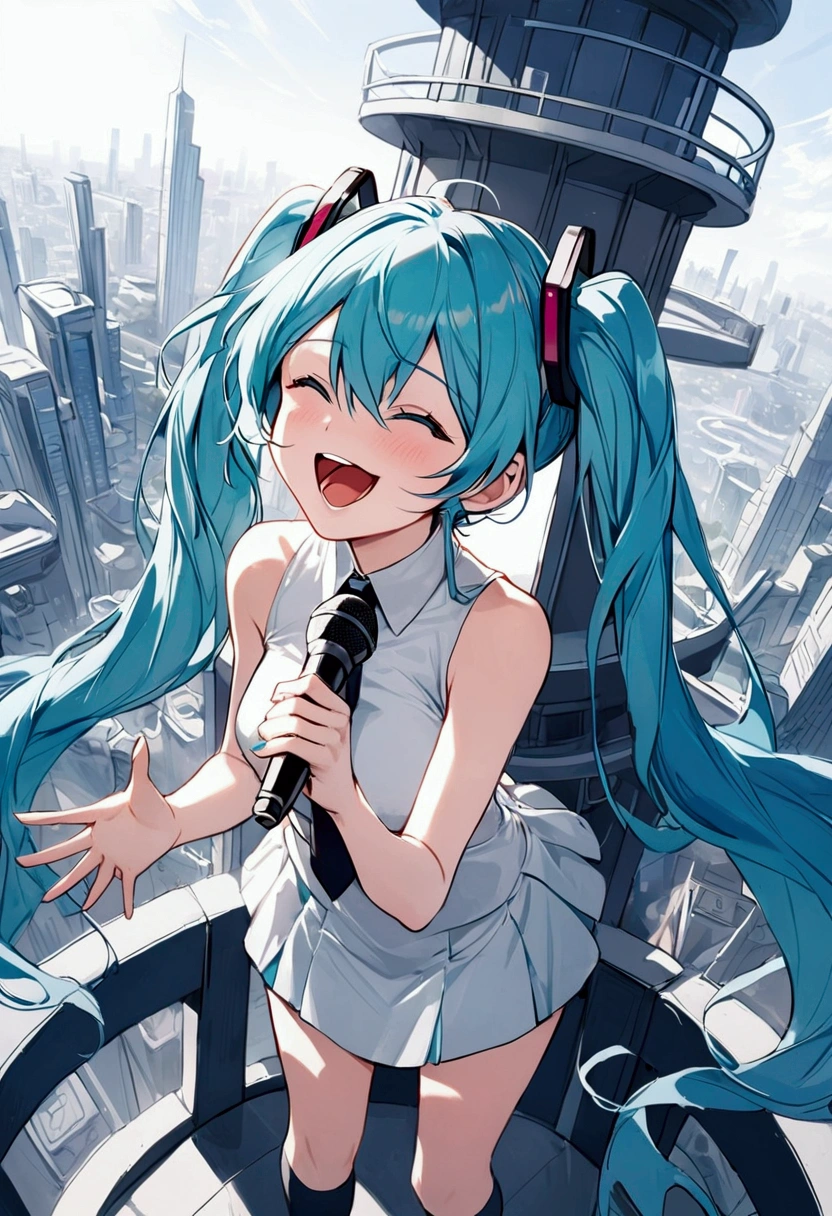 (Hatsune Miku,Light blue hair,Twin tails,No sleeve,tie,mini skirt,socks),((Blue is the predominant color)),Future City,(Standing at the top of the tower,laughing,singing,Holding a microphone)
