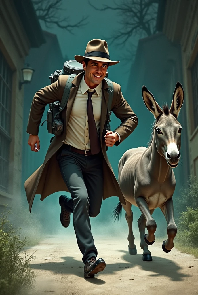 Create in a drawing scenario , a smarff dressed as a ghost hunter, running after a donkey