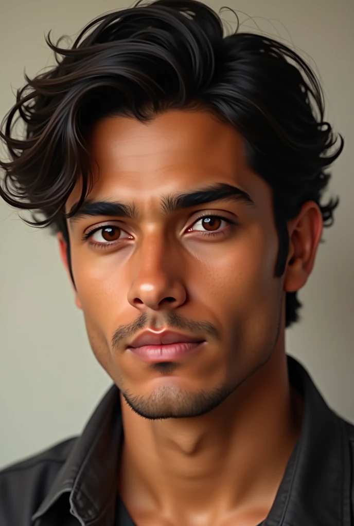 A 2 Colombian man with black hair, brown eyes, dark skin, pronounced eyebrows and eyelashes, not-so-long hair, somewhat square face 