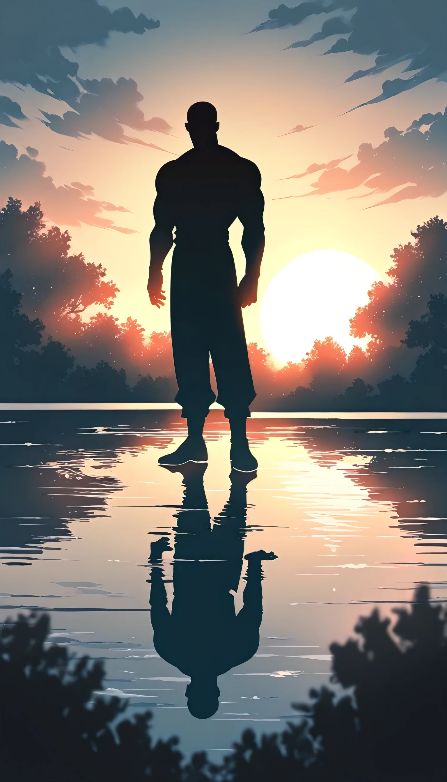 A Strong Buddhist muscular man stands in the smoke, Black jumpsuit, Very tight, Silhouette effect, Tall muscular man, Priapus, Dark Black, Dark black skin, Buzz Cut, His muscles are very developed, Very tall, short hair, Blend into the smoke, Lake, Reflection, Sunset, Sunset, Man silhouette, Chinese, black and white, Simple style