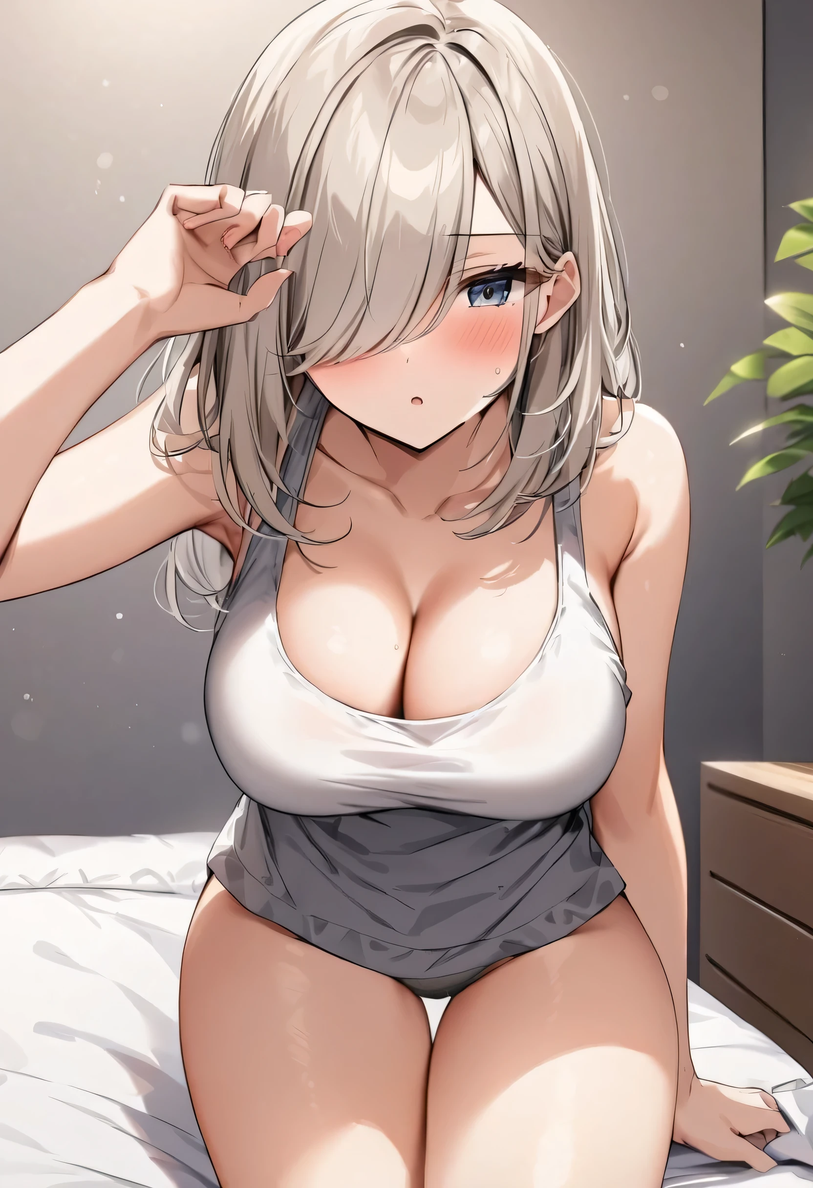 Masterpiece,Large Breasts,Tank top,Attractive cleavage,Expose,Breast drooping,Show me your thighs、On the bed、Show me your panties、Greige hair。Hiding one eye