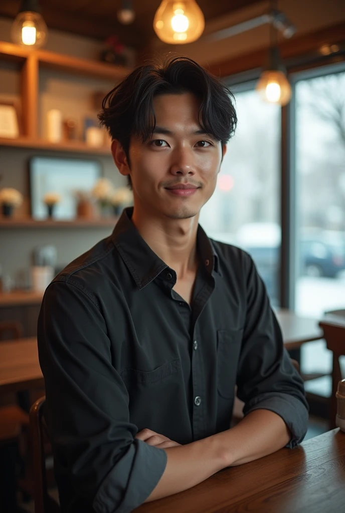 Photorealistic, 8K full-body poster, Japanese, 1 person, smile, Sharp eyes, Attractive look, Detailed facial details, Rugged skeleton, Tokyo, Winters, Inside the cafe,Slit eyes,Cafe uniform,Beautiful silky skin,20-year-old male