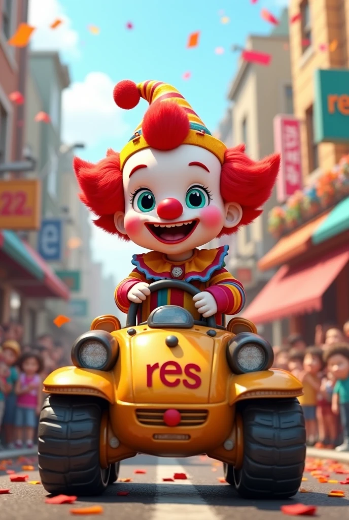 clown、3DCG、Real、Chibi Character、juvenile、Ride in a tank、background下に「res」Logo、smile、cute、cute、background:In town、Spectators around、Confetti、