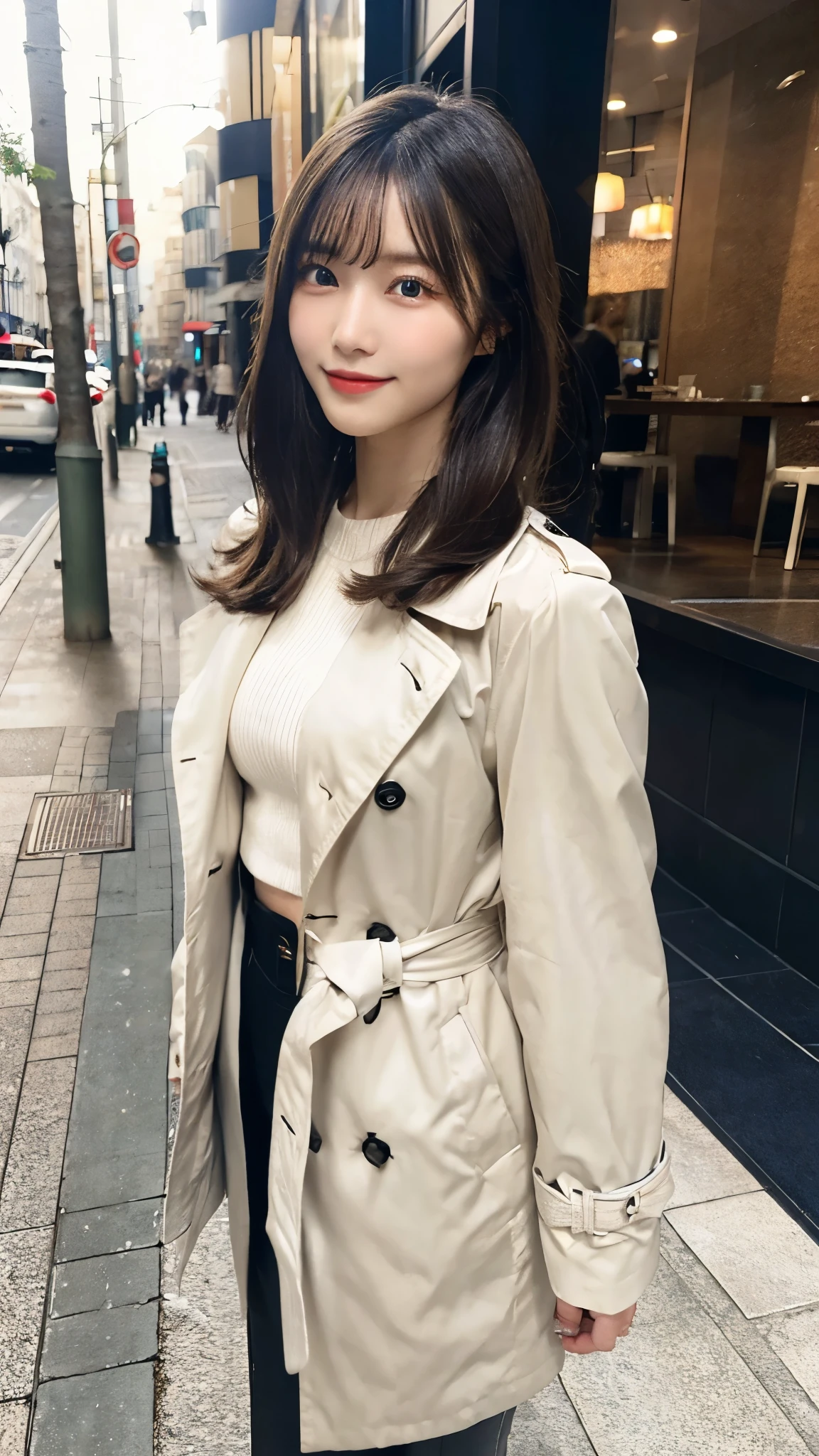 Border Top＋trench coat＋Cropped pants with a classic Border Top、Put on a trench coat、Enhance your style with cropped pants that show off your ankles。The standard colors for trench coats are beige and khaki.、For your feet, Wearing ballerina shoes or loafers、Create effortless Parisian elegance。.（３２hair,High resolution,Attention to detail,High resolution,high density,alone,In addition：1.3）,（A realistic person々,Live Action,fine grain,High resolutionの目,Beautiful Eyes,Eyes that look alive,Beautiful dark blue eyes,Fishing eyes,Detailed lips,Translucent white skin,Realistic face in every detail：1.3）,（Japanese Ido,hairorean Idols,Japanese Model,hairorean models,hairorean hair-Pop Female Idols：1.2）,（Shapely breasts：1.5）,（Young but very beautiful hairorean１ smile,Looking into the camera,Fashion Leader,Fashion Model,Soft Skin,Unforgettable Eyes,Her eyes are so beautiful,I want to go to the Paris Collection.........,Cutting-edge fashion：1.6）,（Please show me your whole body,Showing off full-body fashion,Stylish blue eyes、1.7）smile