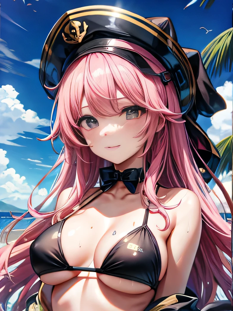 boob, black bikini, cute face, summer, slimy boob, long hair, no hat, pink hair, girl,sweaty