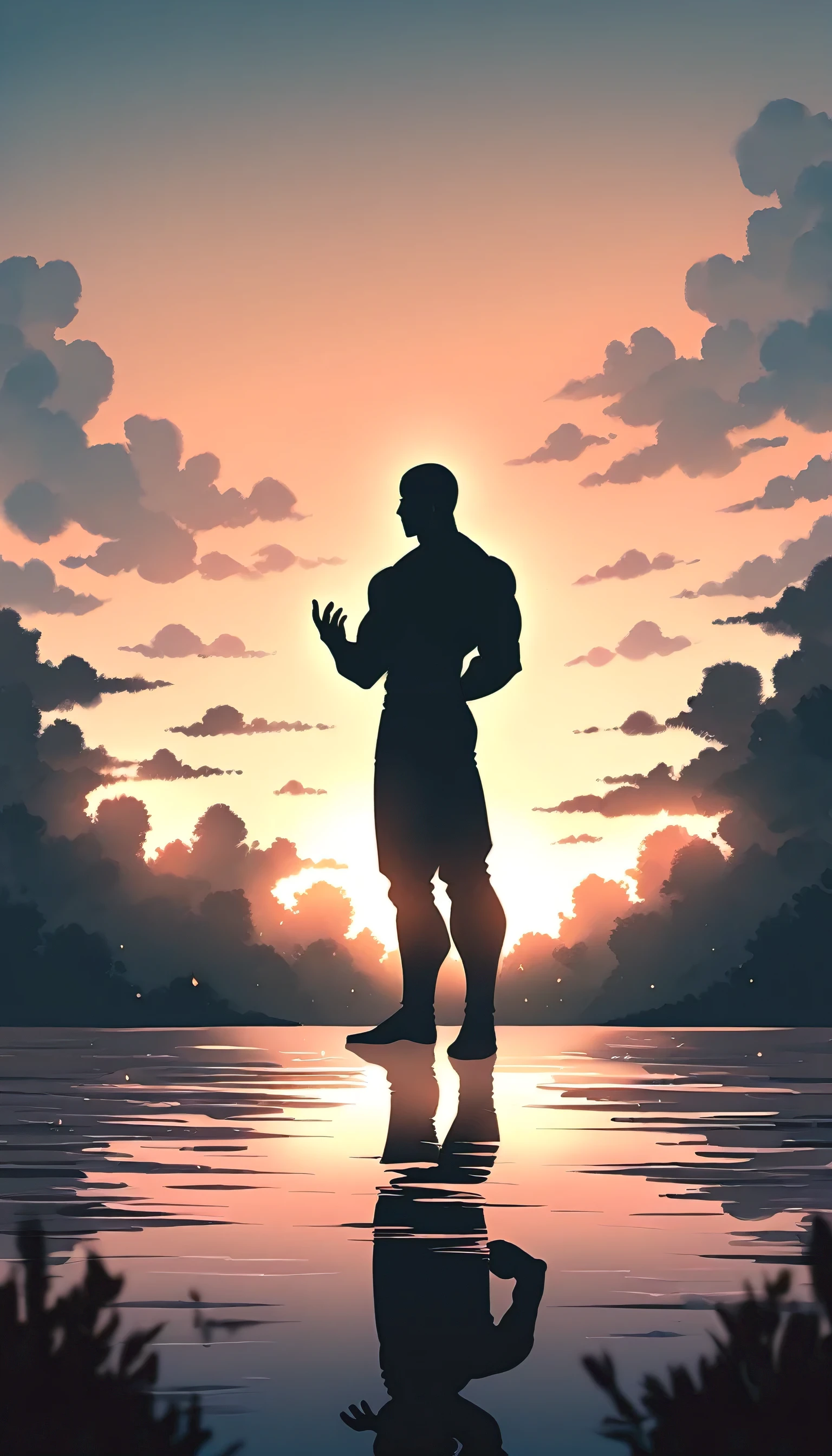 A Strong Buddhist muscular man stands in the smoke, Black jumpsuit, Very tight, Silhouette effect, Tall muscular man, Priapus, Dark Black, Dark black skin, Buzz Cut, His muscles are very developed, Very tall, short hair, Blend into the smoke, Lake, Reflection, Sunset, Sunset, Man silhouette, Chinese, black and white, Simple style