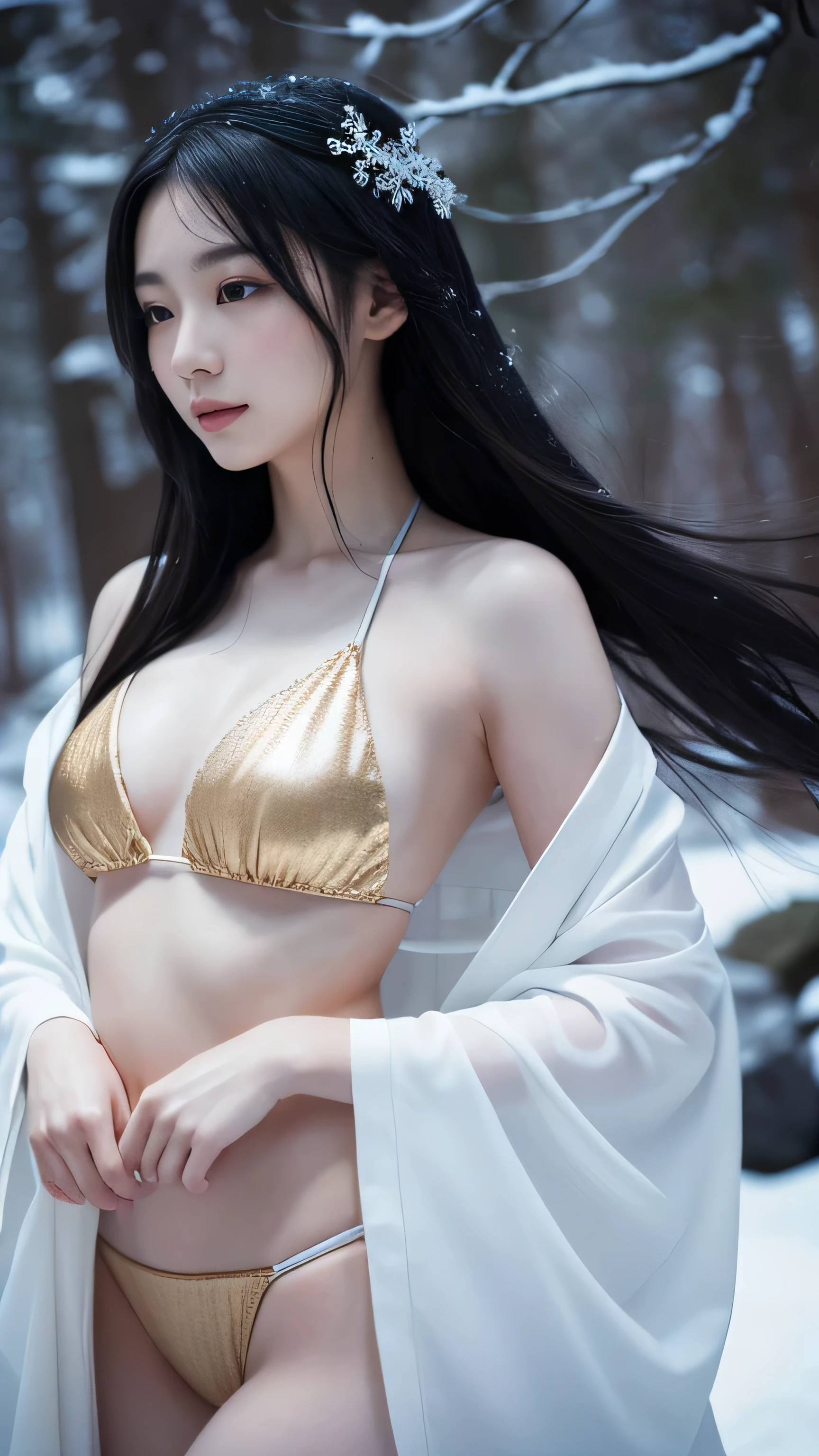 She wears a sleek, stylish bikini that perfectly complements her ethereal appearance. The bikini is designed with intricate patterns that mimic traditional Japanese motifs, such as delicate floral designs and subtle fox imagery, all highlighted with shimmering gold accents that catch the light. The bikini's fabric has a soft, flowing quality, almost as if it’s woven from the very essence of her tails. Prompt: Create an ultra-realistic 8K resolution image of Yuki-onna, a mythical figure from Japanese folklore, reimagined as an ultimate beauty while retaining her iconic features. The Yuki-onna stands in a snowy landscape, her pale, almost translucent skin glowing softly against the cold backdrop, making her the focal point of the composition. Her long, jet-black hair flows down her back, contrasting starkly with the white snow that surrounds her.
She is dressed in an elegant, flowing white kimono with delicate snowflake patterns embroidered in silver thread, accentuating her ethereal beauty. Her eyes, a striking icy blue, capture the viewer's attention, reflecting the serene yet chilling environment around her. The snowflakes gently falling around her seem to dance in her presence, adding to her mystical allure.
The background is kept minimal, with a snow-covered forest softly blurred, ensuring that Yuki-onna remains the clear focus of the image. The composition is designed to highlight her otherworldly beauty, with the light subtly illuminating her figure, casting a soft glow that makes her stand out even more. The image captures the essence of Yuki-onna as an ethereal and captivating figure, embodying the perfect blend of cold beauty and mystical charm.