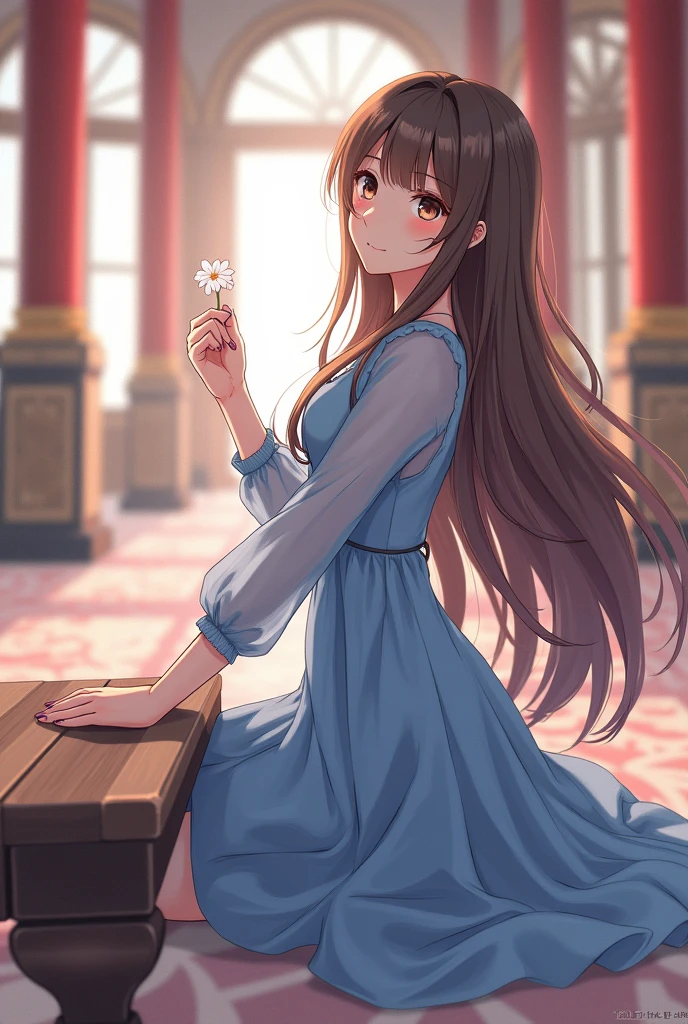 (hair swept bangs:1.3), (long brown hair:1.3), a lady in a blue dress kneeling on a bench with a flower in her hand, palace ， a girl in hanfu, anime style, from girls frontline, fine details. girls frontline, girls frontline universe, girls frontline style, girls frontline, girls frontline cg, soft anime illustration, 2 0 2 2 anime style, 