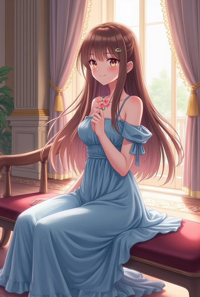 (hair swept bangs:1.3), (long brown hair:1.3), a lady in a blue dress kneeling on a bench with a flower in her hand, palace , a girl in hanfu, anime style, from girls frontline, fine details. girls frontline, girls frontline universe, girls frontline style, girls frontline, girls frontline cg, soft anime illustration, 2 0 2 2 anime style,