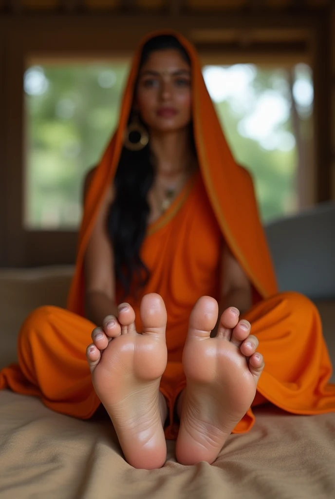 (photorealism:1.2), beautiful woman, sitting on bed, wearing an orange saree covering the back of her head like "Sita Maya" from the hindu Epic "Ramayana" stretching out her legs straight in front showing her barefoot (brownish pinkish wrinkled foot soles) properly (facing the viewer) inside a cozy hut with an open window behind her back (Background) Show the foot soles please