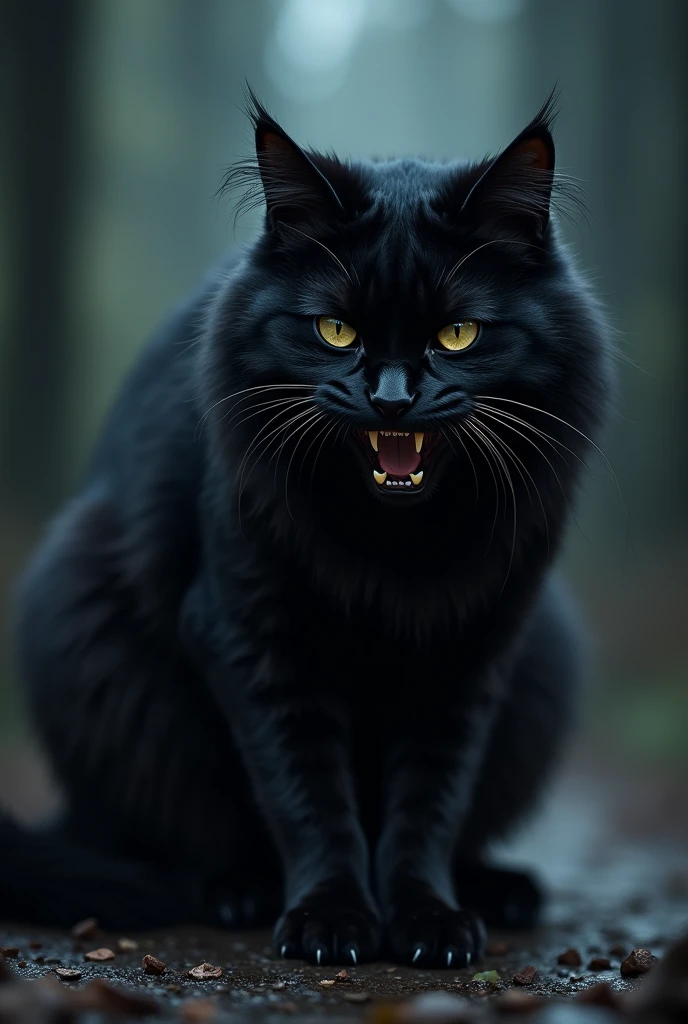 Super aggressive black Maine coon cat in the dark . png