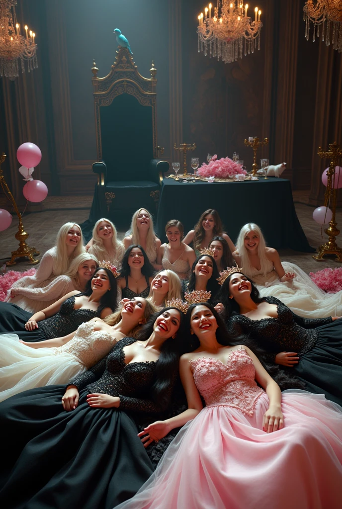 "A full-body shot of a (extra wide angle) in a dark low light medeval ballroom in an old palace. Super-big ballroom 2 queen twin sisters and their 10 girlfriends jumping arraound. The twin-queens have a big light-colored eyes, super-long shiny blackest hair. Their girl-friends have all kinds white long hair also((Detailed face:1.2)), perfect beautiful teeth, perfect hands, five fingers on each hand, big breasts cleavage, most perfect eyes 1:1, white perfect skin, rosy cheeks. They are laying on the floor in a middle of a super-enormous ballroom 1:3 with sparkling pink cristals and baloons everywhere in the candelight 1:1 Wearing a layered black, white and gold ballroom dresses with lace and shiffon. leans bending to the side nonchalantly beside a black thrown. On their head is a gold crown, adorned with pink crystals 1:1. They are laughing and laughing at eachother and rolling around the floor. A white cat lounges on the floor in front of her 1:1, while a blue bird perches atop the throne. All of the girls rolling around in a caos with eachother. The scene includes a elegant, extraordinairy beautiful gothic empresses, striking a bendover poses, excited and laughing. their long black hair flowing all around. Having fun.Embodying a beautiful yet disheveled gothic queens (Best Quality) (Detailed). The environment exudes a medieval fantasy vibe, with a big black intricate throne in a corner, a dark medeval chandelier with few candles hanging from the ceiling a very low romantic lighting. In a fantastic scene that uses 3D Surreal 3D model. Big gold gothic medieval five armed candlesticks sit on a blacktable, surrounded by crystal wine glasses—one tipped over and another half-full of wine. The entire setup is Best Quality, masterpiece yet regal, capturing the essence of a beautiful and happy girls, fantastical gothic setting, moist. Low lighting under neath, framed with the grandeur of medieval gothic style. photographed in a Canon EOS R5, 50mm Lens, F/2.8, nffsw, (8K).