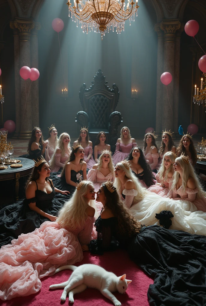 "A full-body shot of a (extra wide angle) in a dark low light medeval ballroom in an old palace. Super-big ballroom 2 queen twin sisters and their 10 girlfriends jumping arraound. The twin-queens have a big light-colored eyes, super-long shiny blackest hair. Their girl-friends have all kinds white long hair also((Detailed face:1.2)), perfect beautiful teeth, perfect hands, five fingers on each hand, big breasts cleavage, most perfect eyes 1:1, white perfect skin, rosy cheeks. They are laying on the floor in a middle of a super-enormous ballroom 1:3 with sparkling pink cristals and baloons everywhere in the candelight 1:1 Wearing a layered black, white and gold ballroom dresses with lace and shiffon. leans bending to the side nonchalantly beside a black thrown. On their head is a gold crown, adorned with pink crystals 1:1. They are laughing and laughing at eachother and rolling around the floor. A white cat lounges on the floor in front of her 1:1, while a blue bird perches atop the throne. All of the girls rolling around in a caos with eachother. The scene includes a elegant, extraordinairy beautiful gothic empresses, striking a bendover poses, excited and laughing. their long black hair flowing all around. Having fun.Embodying a beautiful yet disheveled gothic queens (Best Quality) (Detailed). The environment exudes a medieval fantasy vibe, with a big black intricate throne in a corner, a dark medeval chandelier with few candles hanging from the ceiling a very low romantic lighting. In a fantastic scene that uses 3D Surreal 3D model. Big gold gothic medieval five armed candlesticks sit on a blacktable, surrounded by crystal wine glasses—one tipped over and another half-full of wine. The entire setup is Best Quality, masterpiece yet regal, capturing the essence of a beautiful and happy girls, fantastical gothic setting, moist. Low lighting under neath, framed with the grandeur of medieval gothic style. photographed in a Canon EOS R5, 50mm Lens, F/2.8, nffsw, (8K).