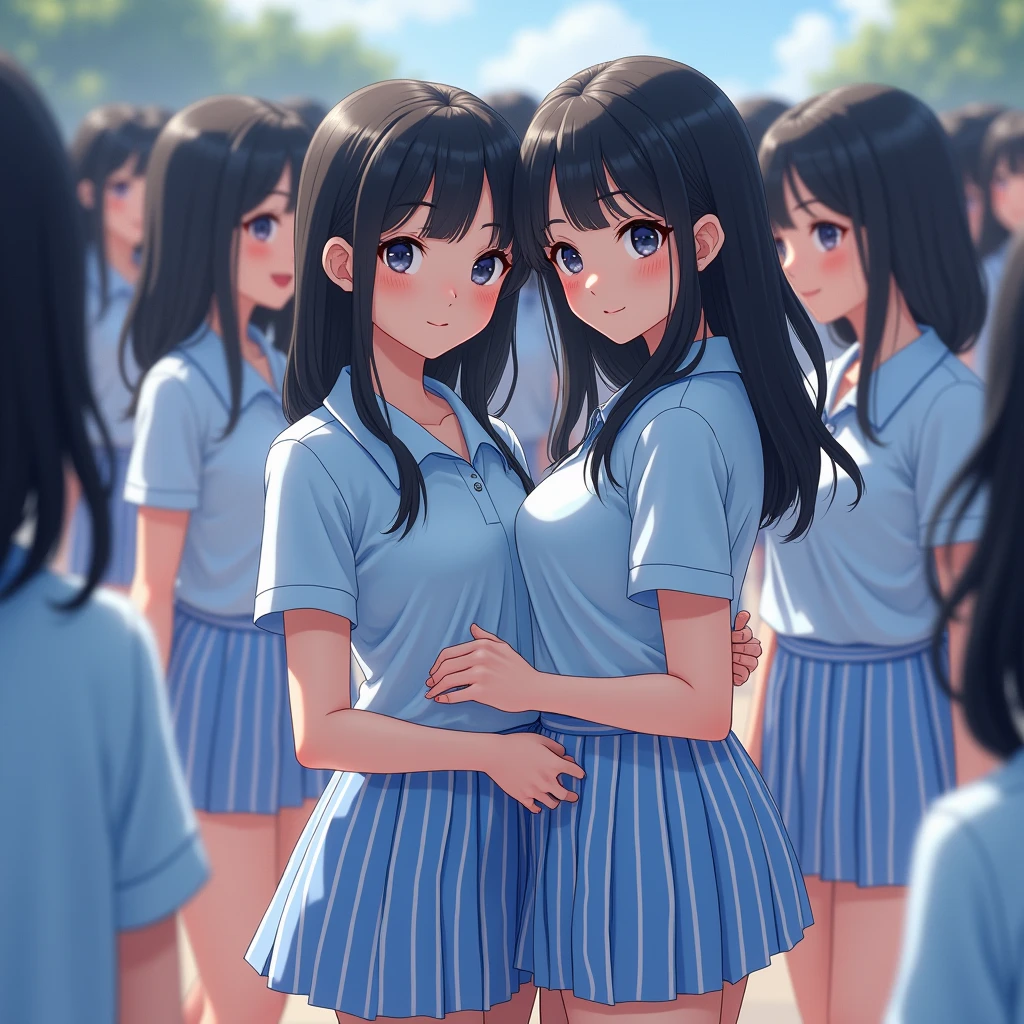 (((((Japanese Clone-girls=Myself))))), (((Best Super Perfect Clone-girls Raw Photography Art, 16K, Highest quality, Ultra-high resolution))), (((It&#39;s so unrealistic., An astonishing world view, With an unfathomable sight, In an out-of-this-world situation, In a world where Myself Clone-girls are multiplying in large numbers, Ultra-realistic, Delusion))), (((Japanese, hashimoto-kanna, 17yo, Small face, Thick black hair, Semi-long hair, Dark Eyes, Mature face, Cute Smile, Smiling face, A gentle gaze, (((Very happy laughter)))))), (((Very beautiful detailed girls, Accurate body structure, Accurate body movements, Very detailed body, (((Big Breasts, J-Cup)))))), (((Summer Girls' School Uniform, Light blue shirt, I can see the cleavage, Big Breasts強調, blue and white striped mini skirt))), ((((((((Very detailed, Myself cloning, Depiction of splitting oneself, 1Myself girl-cloning-1,000,000,000,000,000,000,000,000,000,000Myself clone-girls)))))))), (((((((Very detailed clone depiction, (((The same perfect female body as Myself, Myself and the same perfect face, Perfect same hairstyle as Myself, Myself and the perfect same outfit, Perfect height with myself, Myself and perfect J-Cup)))))))))), (((((Myself clone-girls only))))), (((((1,000,000,000,000,000,000,000,000,000,000Myself clone-girls))))), (((Very detailed, Extremely crowded, Body-to-body contact with no gaps))), (Bright and soft lighting), (((((Clear and accurate perspective depiction, super wide view, Ultra-wide field of view, Focus on the average value of the image))))), (((((Myself clone-girls, With very detailed depiction, Pleasant conversation, Holding hands, Hug, Skinship between thousands of Myselves)))))