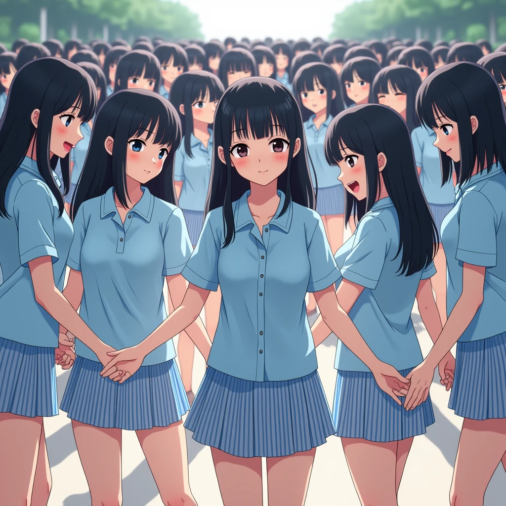 (((((Japanese Clone-girls=Myself))))), (((Best Super Perfect Clone-girls Raw Photography Art, 16K, Highest quality, Ultra-high resolution))), (((It&#39;s so unrealistic., An astonishing world view, With an unfathomable sight, In an out-of-this-world situation, In a world where Myself Clone-girls are multiplying in large numbers, Ultra-realistic, Delusion))), (((Japanese, hashimoto-kanna, 17yo, Small face, Thick black hair, Semi-long hair, Dark Eyes, Mature face, Cute Smile, Smiling face, A gentle gaze, (((Very happy laughter)))))), (((Very beautiful detailed girls, Accurate body structure, Accurate body movements, Very detailed body, (((Big Breasts, J-Cup)))))), (((Summer Girls' School Uniform, Light blue shirt, I can see the cleavage, Big Breasts強調, blue and white striped mini skirt))), ((((((((Very detailed, Myself cloning, Depiction of splitting oneself, 1Myself girl-cloning-1,000,000,000,000,000,000,000,000,000,000Myself clone-girls)))))))), (((((((Very detailed clone depiction, (((The same perfect female body as Myself, Myself and the same perfect face, Perfect same hairstyle as Myself, Myself and the perfect same outfit, Perfect height with myself, Myself and perfect J-Cup)))))))))), (((((Myself clone-girls only))))), (((((1,000,000,000,000,000,000,000,000,000,000Myself clone-girls))))), (((Very detailed, Extremely crowded, Body-to-body contact with no gaps))), (Bright and soft lighting), (((((Clear and accurate perspective depiction, super wide view, Ultra-wide field of view, Focus on the average value of the image))))), (((((Myself clone-girls, With very detailed depiction, Pleasant conversation, Holding hands, Hug, Skinship between thousands of Myselves)))))