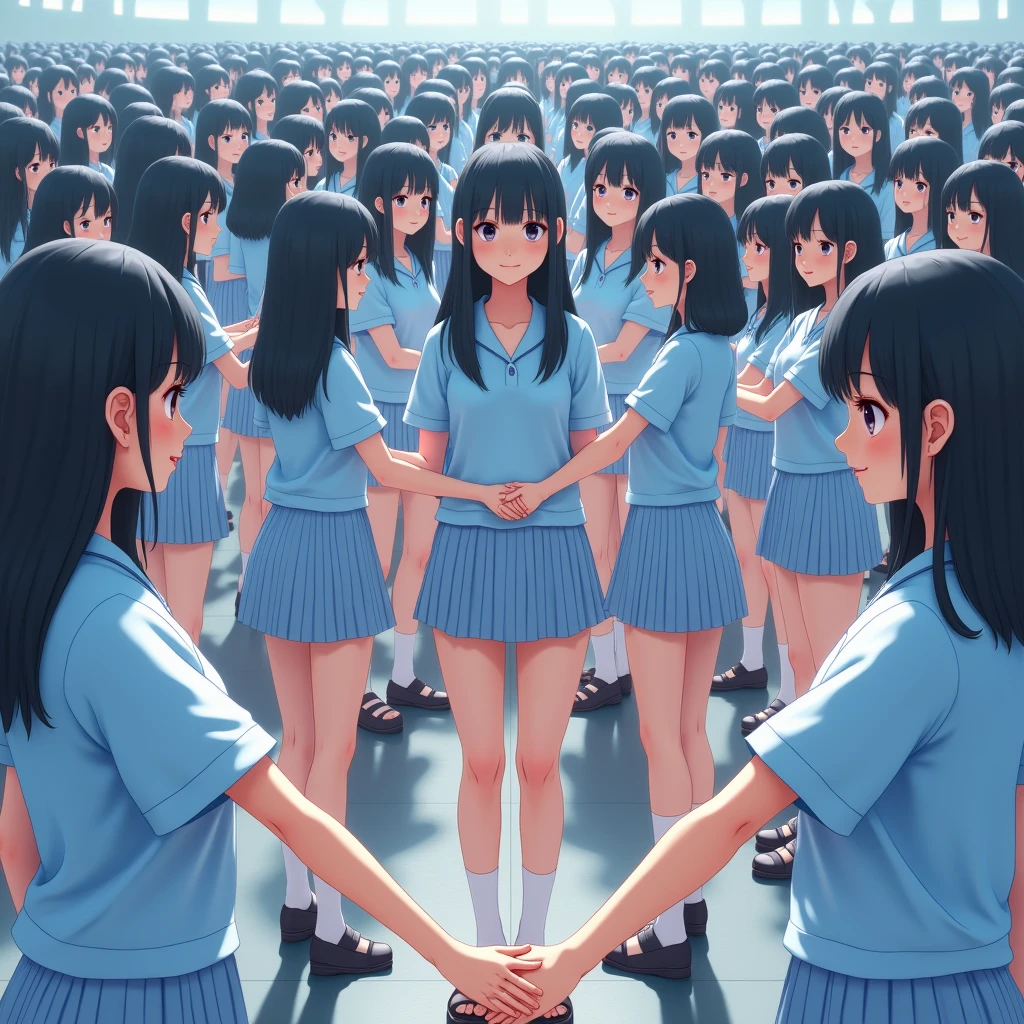(((((Japanese Clone-girls=Myself))))), (((Best Super Perfect Clone-girls Raw Photography Art, 16K, Highest quality, Ultra-high resolution))), (((It's so unrealistic., An astonishing world view, With an unfathomable sight, In an out-of-this-world situation, In a world where Myself Clone-girls are multiplying in large numbers, Ultra-realistic, Delusion))), (((Japanese, hashimoto-kanna, 17yo, Small face, Thick black hair, Semi-long hair, Dark Eyes, Mature face, Cute Smile, Smiling face, A gentle gaze, (((Very happy laughter)))))), (((Very beautiful detailed girls, Accurate body structure, Accurate body movements, Very detailed body, (((Big Breasts, J-Cup)))))), (((Summer Girls' School Uniform, Light blue shirt, I can see the cleavage, Big Breasts強調, blue and white striped mini skirt))), ((((((((Very detailed, Myself cloning, Depiction of splitting oneself, 1Myself girl-cloning-1,000,000,000,000,000,000,000,000,000,000Myself clone-girls)))))))), (((((((Very detailed clone depiction, (((The same perfect female body as Myself, Myself and the same perfect face, Perfect same hairstyle as Myself, Myself and the perfect same outfit, Perfect height with myself, Myself and perfect J-Cup)))))))))), (((((Myself clone-girls only))))), (((((1,000,000,000,000,000,000,000,000,000,000Myself clone-girls))))), (((Very detailed, Extremely crowded, Body-to-body contact with no gaps))), (Bright and soft lighting), (((((Clear and accurate perspective depiction, super wide view, Ultra-wide field of view, Focus on the average value of the image))))), (((((Myself clone-girls, With very detailed depiction, Pleasant conversation, Holding hands, Hug, Skinship between thousands of Myselves)))))