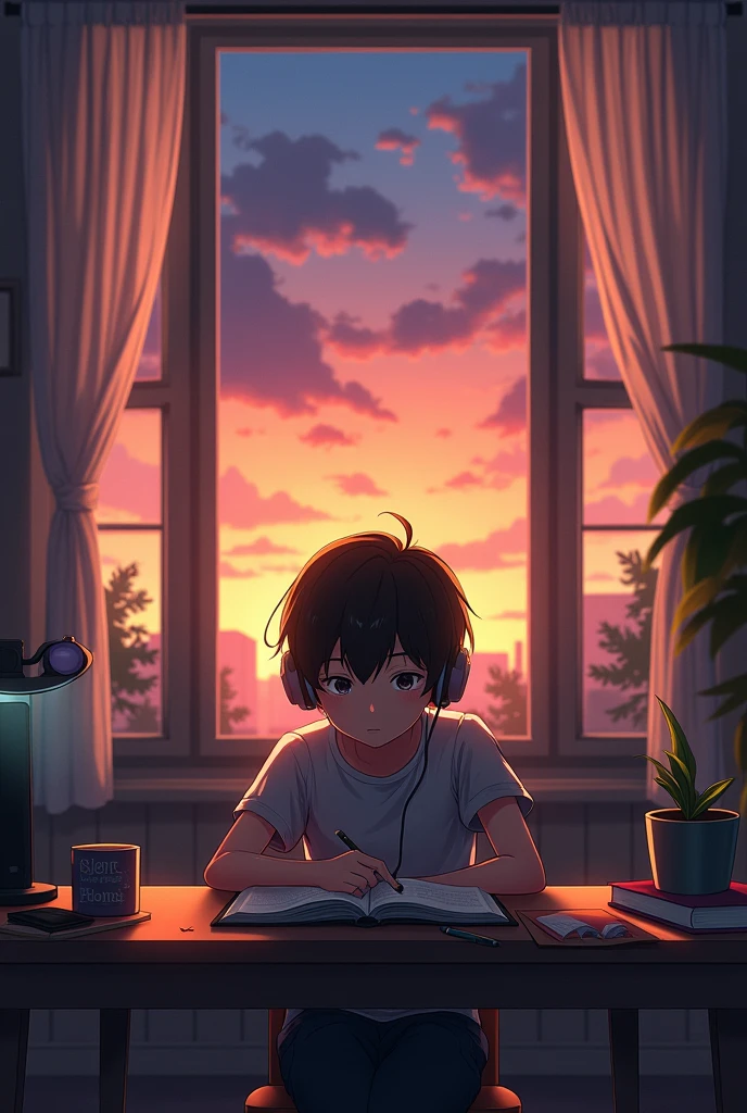 A anime boy study on table eith sunset and watch leacture on next topper age 14 and headphone and notebook and pen landscape