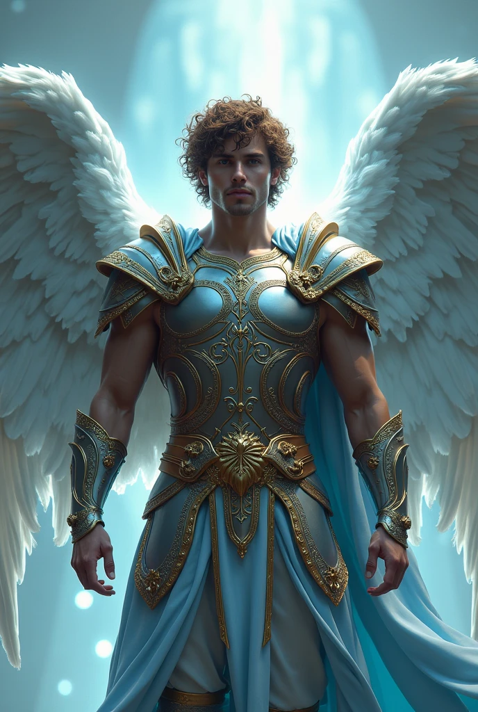 Male angel in Roman armor with brown curly hair, His skin is white, he has 4 wings and his aura is blue. 
