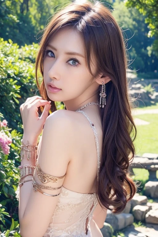 (((Anatomically correct)))、(Accurate human body depiction)、(Saggy big breasts)、(((Protruding nipples)))(A sheer, clingy royal silk dress)、((Realistic:1.5)),ulzzang-6500:0.7,((Best quality)), ((Masterpiece)),((Detailed)),(2girls),duo,{2 beautiful women}, (Upper body:1.3),Hug and touch each other, Tease your friend's waist, Breathless friends, Biting a friend's earlobe, crouched,super wide shot,Face focus, Long legs,Curvy, Barefoot,Wide hips, Thin legs, Oversized eyes,Long eyelashes, (Detailed face,beautidful eyes, detailedpupils,detailed clothes features, Clear background:1.3), (armlets, bangle:1.5), Mysterious ancient ruins, lush forest, Deep canyon,bridge,River,cliff,Cloud,lakes,Rock music,waterfalls, Flowers, grass,grape trees,tree,bright detail,Sharp,Perfect compounding, Intricate, Sharp focus, Dramatic,