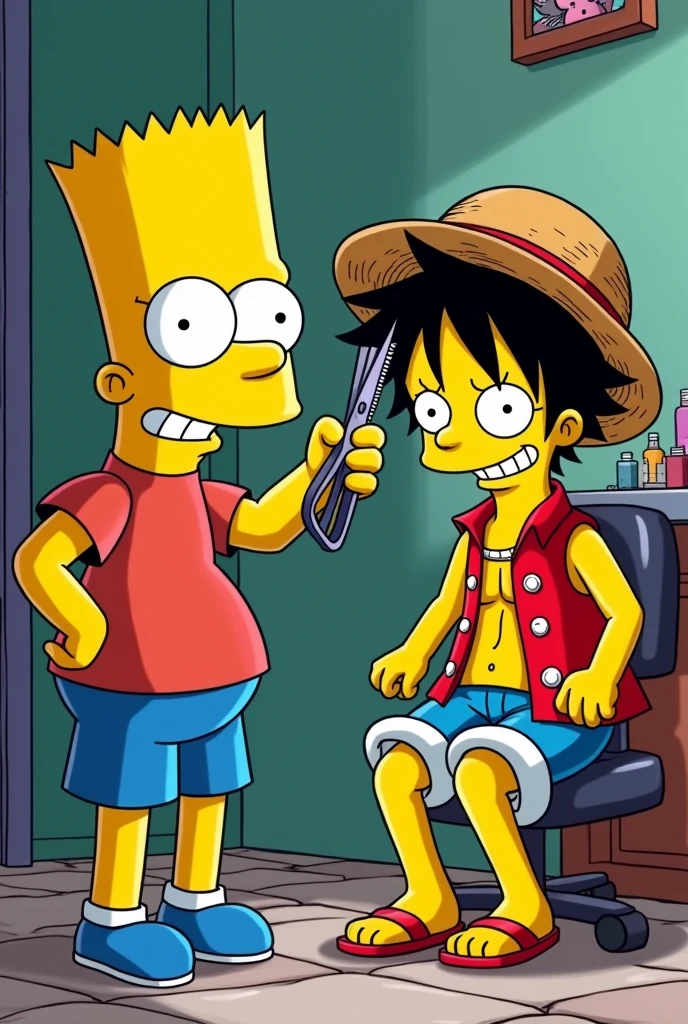 Bart Simpsons with the Whall clipper in his right hand cutting Luffy's hair