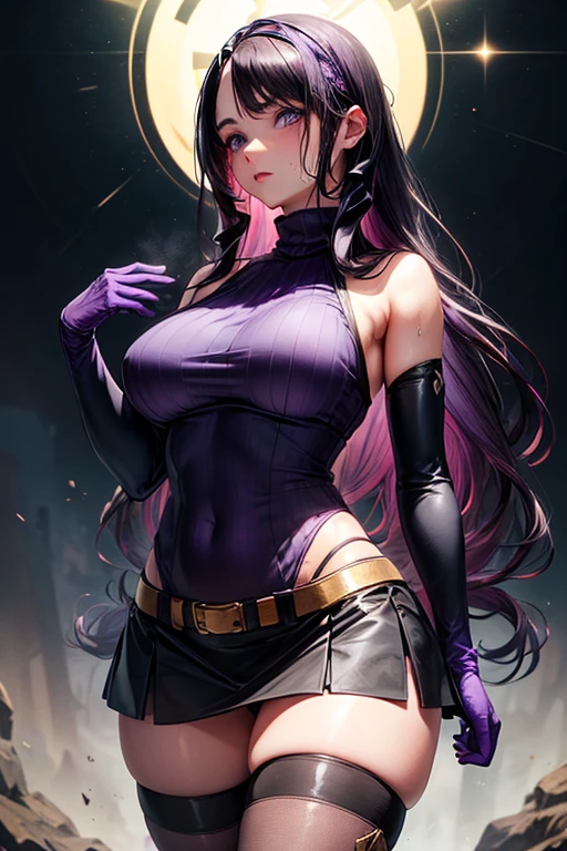 masterpiece, Highest quality, (Unreal Engine), Super Resolution, Very detailed, Complex, colorful, Clear images, Sharp focus, Digital Blending,
1 person, Expressionless girl, malaria, Quiz Magic Academy, ((Purple long hair:1.8)), Blue eyes, length, ((Narrow eyes)), (muscular:0.8), Big Breasts, bold, Lips parted, Observe the audience, Butt, Tight waist, ((Purple Dress)), ((Black Linen Skirt)), (Black Short Cape), (((Pink turtleneck net suit))), ((Pink long gloves)), Black long boots, Perfect Eyes, Perfect Face, Ultra detailed hair, Ultra detailed face, Very detailed lips, Vivid expression, Healthy Body, Beautifully detailed sweat glands, Smooth skin texture, Carefully drawn,
((humidity:1.2), Sticky with sweat), Casting magic, The magic begins,
In the world of Quiz Magic Academy, Magic Class, night, (Shot on Sony α9, Dynamic Angle),