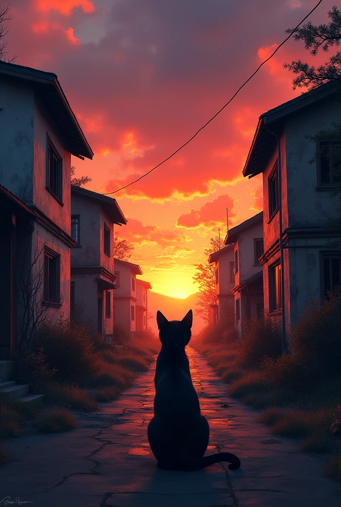 Cat standing infront of abandoned houses in sunset