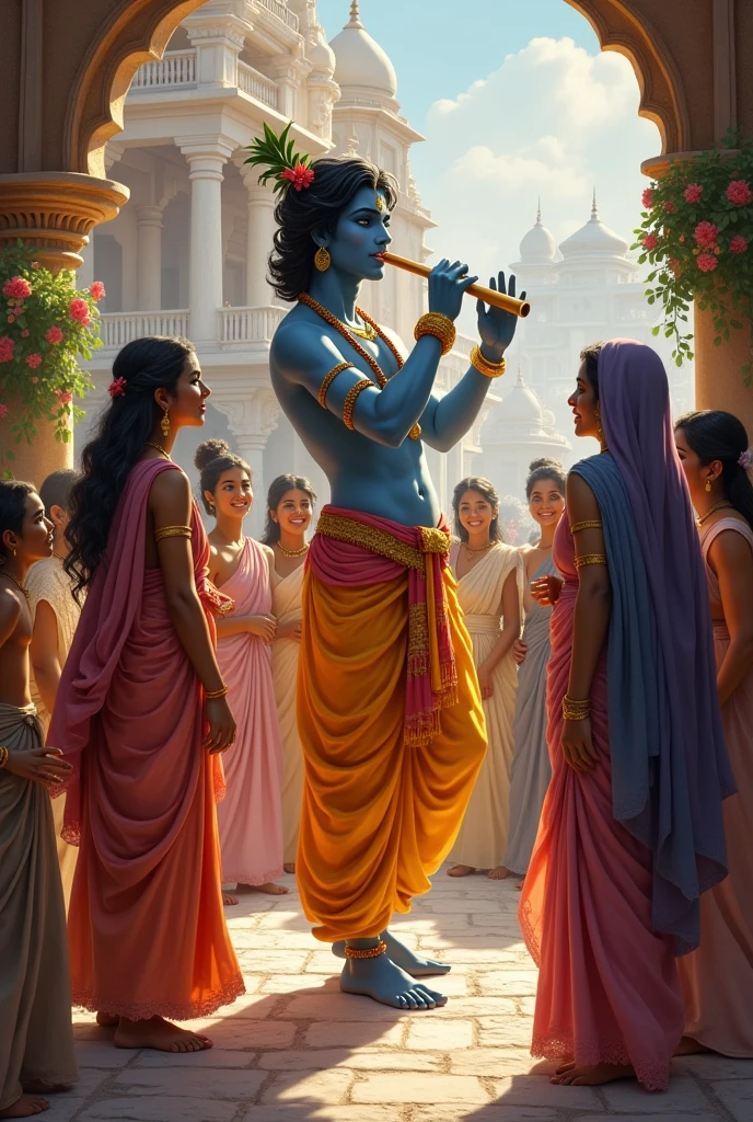 Lord Krishna playing flute and his friends enjoying in the city of mathura 