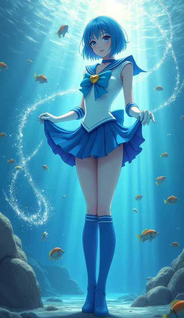 "Generate an image of Ami Mizuno from Sailor Moon in her Super Sailor Mercury form. She should be standing confidently, with her short blue hair styled in a sleek bob. Her outfit is a white sailor-style uniform with a blue collar, a light blue bow on her chest with a golden heart-shaped brooch, and a pleated skirt. She wears knee-high blue boots and white gloves with blue accents. She should be holding her Aqua Harp, with water elements swirling around her. The background should be an underwater scene, with shimmering light filtering through, creating a calm and serene atmosphere.", high quality, (RAW photo, best quality), (realistic, photorealistic: 1.4), (extremely delicate and beautiful: 1.4), amazing, fine details, masterpiece, ultra detailed, high resolution, best illustration, best shadow, intricate, ( extremely intricate: 1.2), (exquisitely detailed skin), cinematic light, perfect anatomy, (cool color: 1.4), sharp focus, 8k UHD, DSLR, (Fujifilm XT3),(iluminación cinematográfica :1.4), (pose americano :1.4), (skirt lifted by itself: 1.4 ), (skirt lift: 1.4 ), (showing white panties: 1.4 ), (colores brillantes)