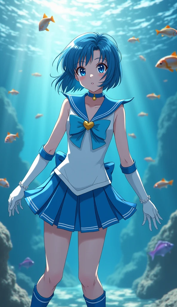 "Generate an image of Ami Mizuno from Sailor Moon in her Super Sailor Mercury form. She should be standing confidently, with her short blue hair styled in a sleek bob. Her outfit is a white sailor-style uniform with a blue collar, a light blue bow on her chest with a golden heart-shaped brooch, and a pleated skirt. She wears knee-high blue boots and white gloves with blue accents. She should be holding her Aqua Harp, with water elements swirling around her. The background should be an underwater scene, with shimmering light filtering through, creating a calm and serene atmosphere.", high quality, (RAW photo, best quality), (realistic, photorealistic: 1.4), (extremely delicate and beautiful: 1.4), amazing, fine details, masterpiece, ultra detailed, high resolution, best illustration, best shadow, intricate, ( extremely intricate: 1.2), (exquisitely detailed skin), cinematic light, perfect anatomy, (cool color: 1.4), sharp focus, 8k UHD, DSLR, (Fujifilm XT3),(iluminación cinematográfica :1.4), (pose americano :1.4), (skirt lifted by itself: 1.4 ), (skirt lift: 1.4 ), (showing white panties: 1.4 ), (colores brillantes) 