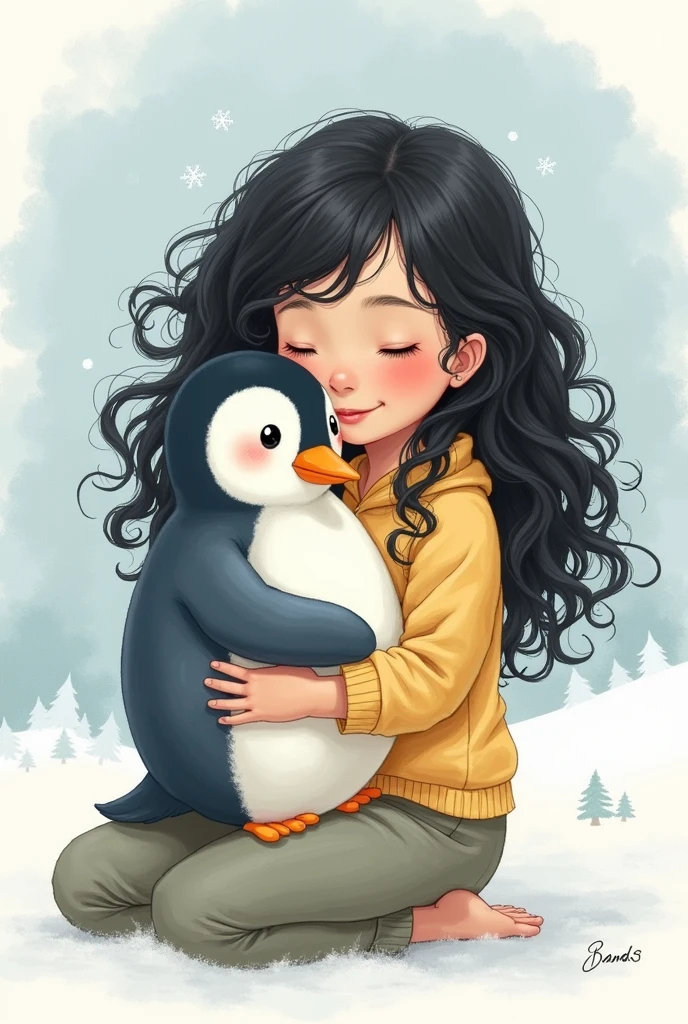 An illustration of a girl with long curly black hair, carrying a very chubby baby penguin with a light blue orange beak