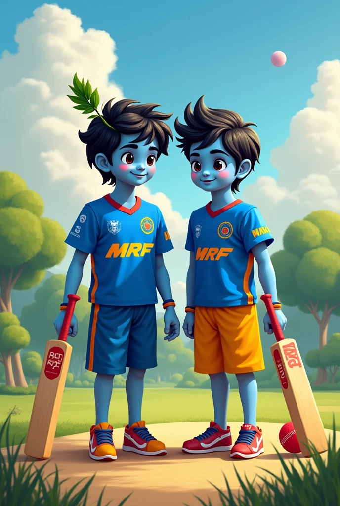 God krishn playing cricket his friend sonu
And both name printed on his tshirt
And bat printed logo mrf
Tshirt colour royal challengers Bangalore