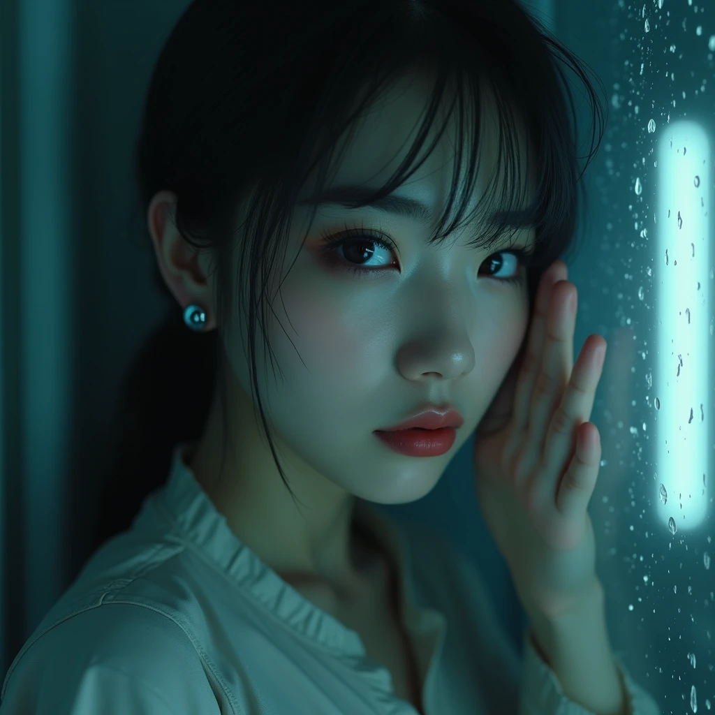 beautiful detailed eyes, beautiful detailed lips, extremely detailed eyes and face, long eyelashes, 1 girl, photorealistic, masterpiece, best quality, 8k resolution, realistic, crying, girl wiping massive glass, dramatic lighting, high contrast, moody atmosphere, cold color palette, cinematic composition, intricate details, impactful emotional expression