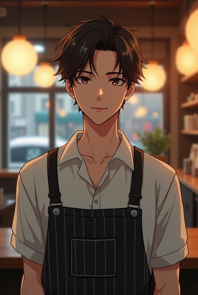 Photorealistic, 8K full-body poster, Japanese, 1 person, smile, Sharp eyes, Attractive look, Detailed facial details, Rugged skeleton, Tokyo, Winters, Inside the cafe,Slit eyes,Cafe uniform,Beautiful silky skin,20-year-old male,Short Hair,Brown Hair