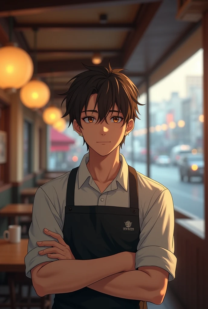 Photorealistic, 8K full-body poster, Japanese, 1 person, smile, Sharp eyes, Attractive look, Detailed facial details, Rugged skeleton, Tokyo, Winters, Inside the cafe,Slit eyes,Cafe uniform,Beautiful silky skin,20-year-old male,Short Hair,Brown Hair